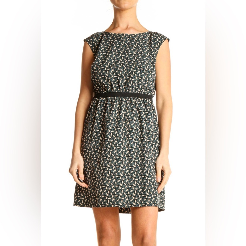 Loft Cap Sleeve Leaf Print Green Black Ribbon Waist A-Line Shift Dress Small P